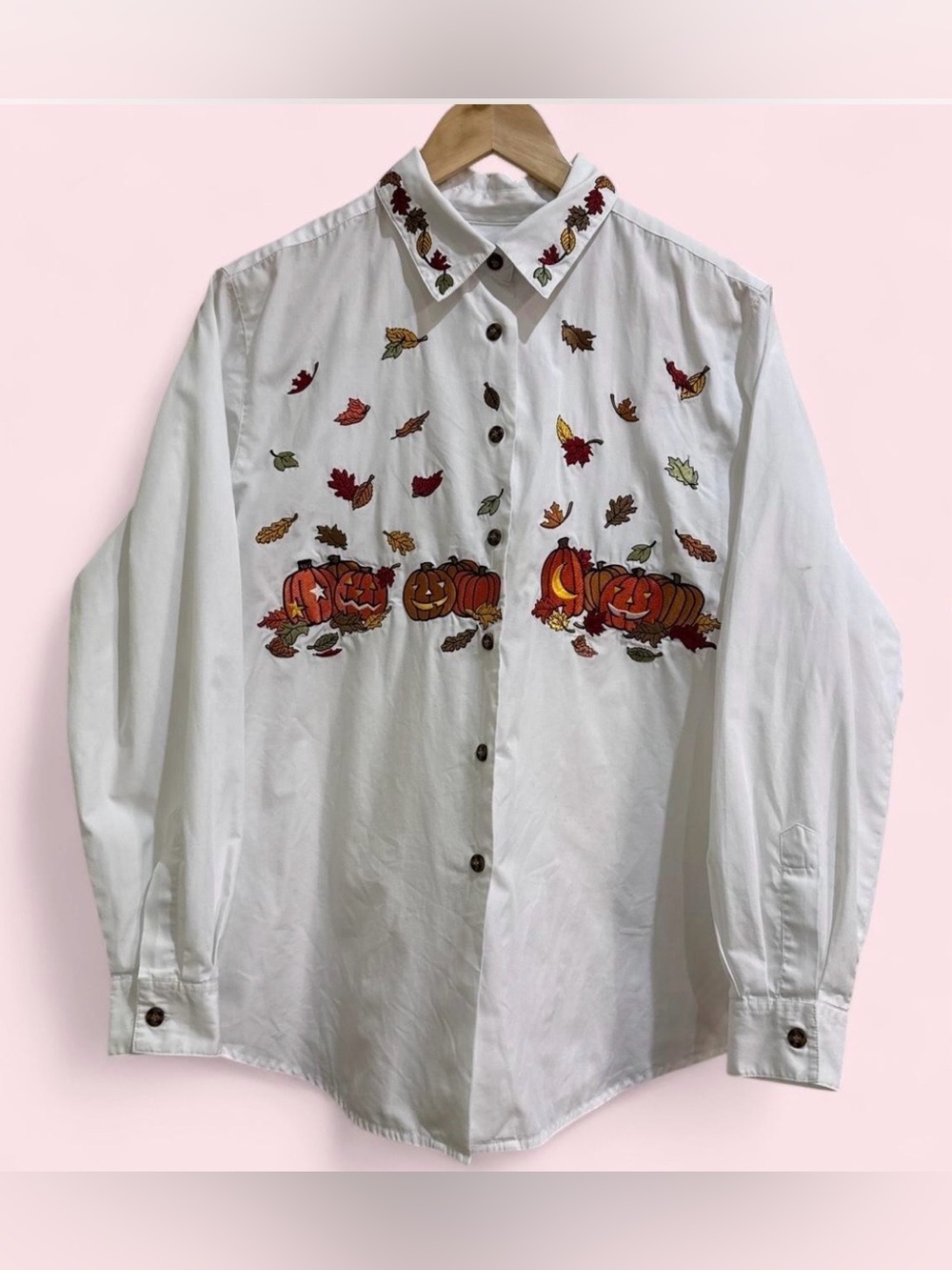 Karen Scott White Button-Down Shirt with Pumpkin & Leaf Embroidery